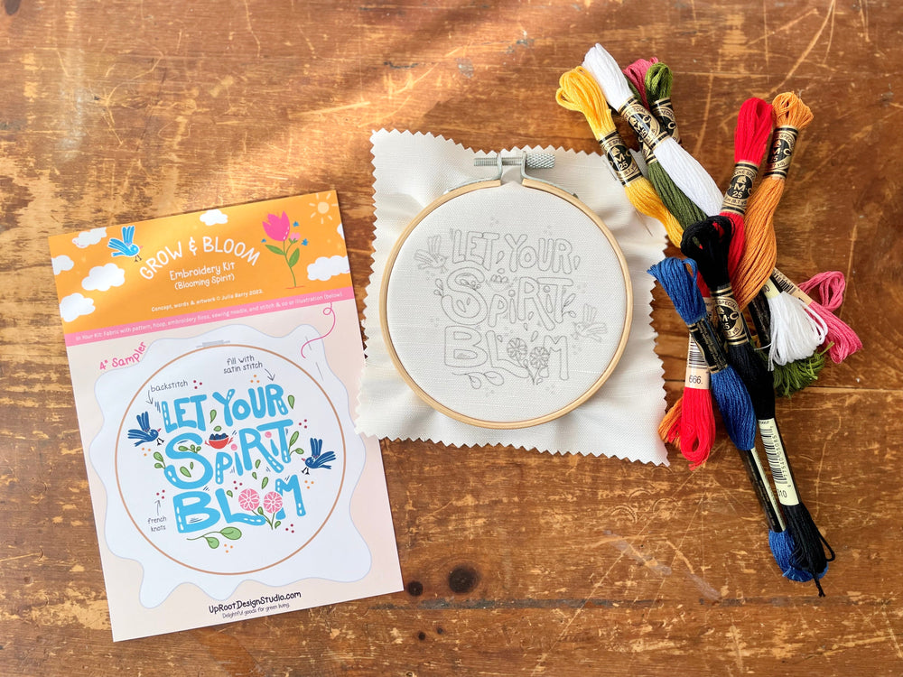 Let Your Spirit Bloom embroidery kit contents: printed pattern sleeve, stamped fabric in a bamboo hoop and floss skeins