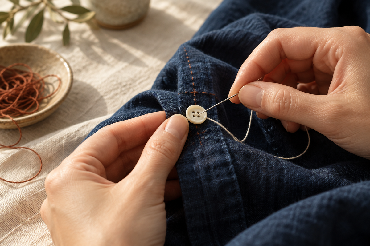 Illustrative Mend & Roam editorial scene of a hand sewing a button onto indigo fabric, in warm ivory, indigo, and muted rust tones.