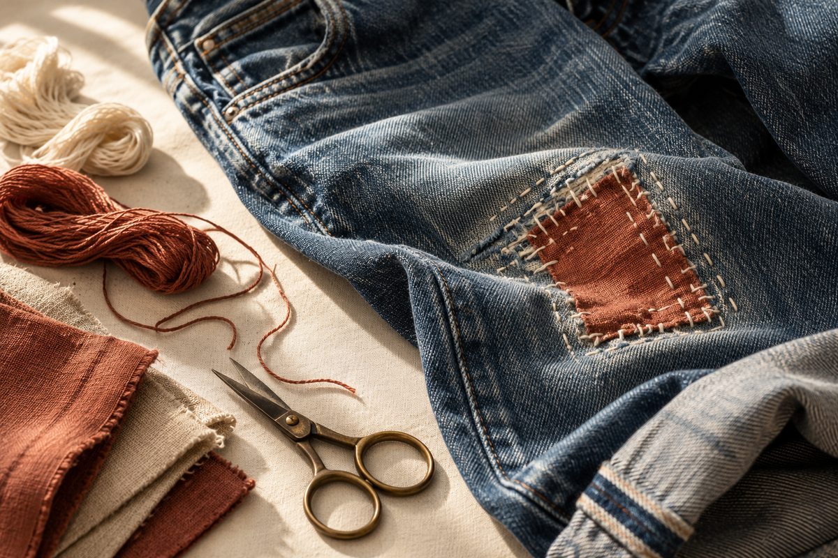 Visible mending on denim with sashiko-inspired stitching