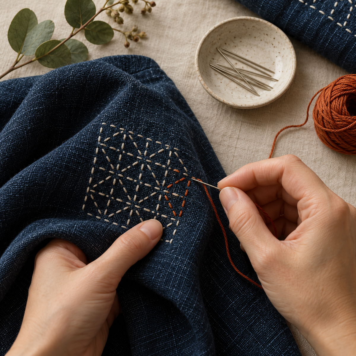 Editorial sashiko stitching scene in Mend & Roam's indigo and warm ivory palette