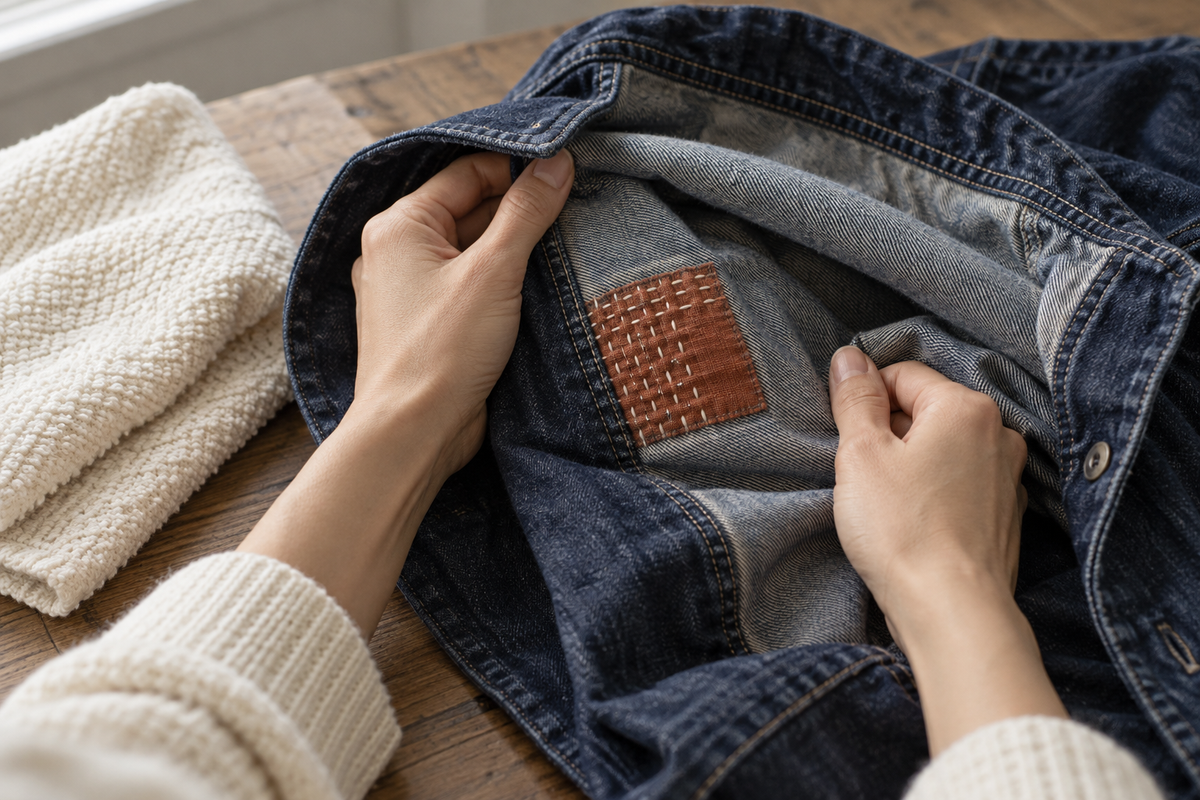 Illustrative Mend & Roam journal scene of a garment turned inside out while a small rust patch with cream sashiko stitching is inspected before washing.