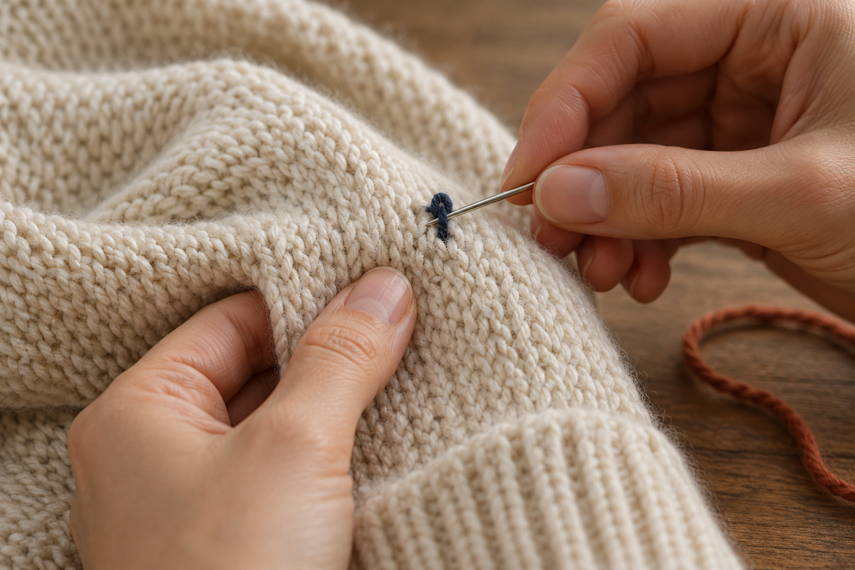 Illustrative Mend & Roam scene showing a blunt needle gently guiding a small indigo yarn snag through ivory knit fabric.