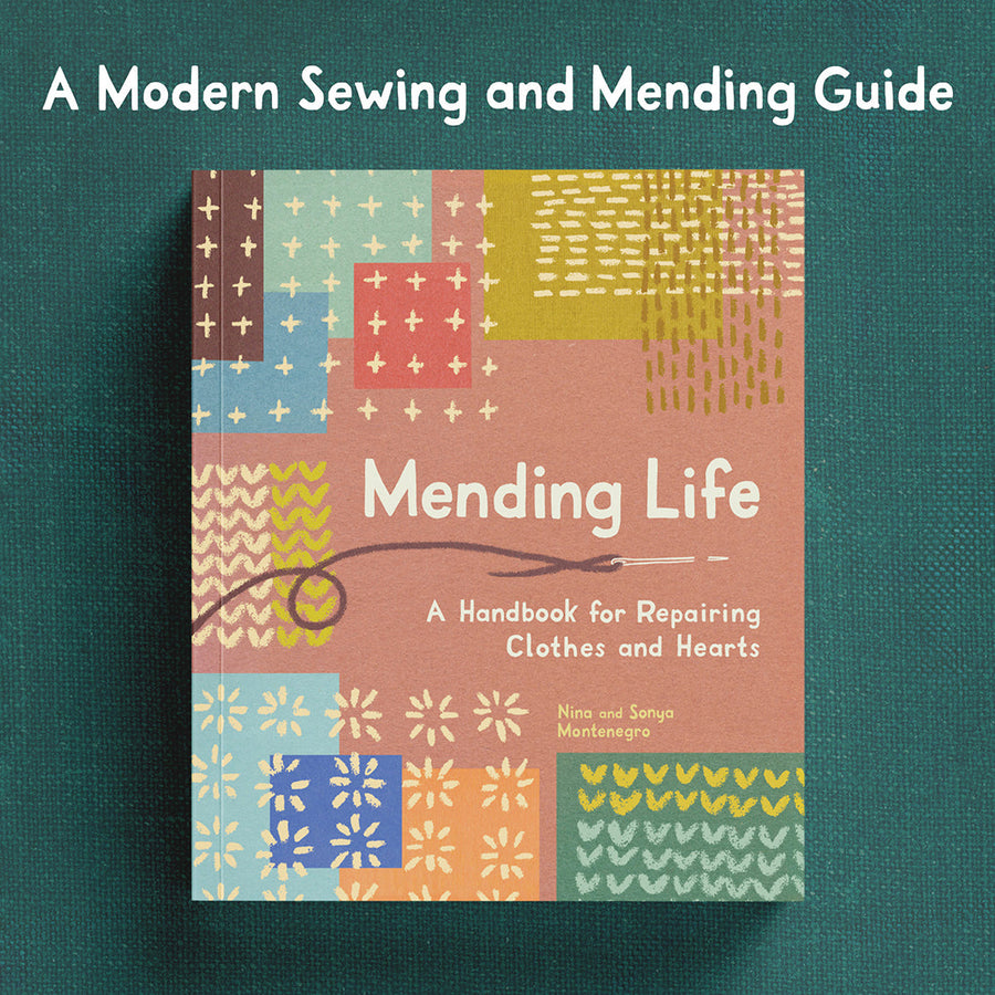 Mending Life by Nina and Sonya Montenegro, paperback cover with colourful stitched-patch illustrations